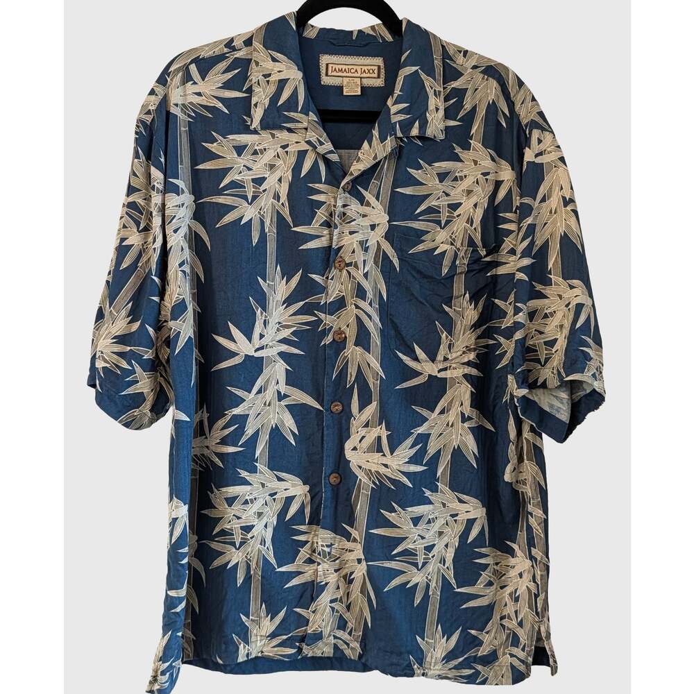 Jamaica Jaxx 100% Silk Bamboo Print Hawaiian Camp Shirt Blue Large